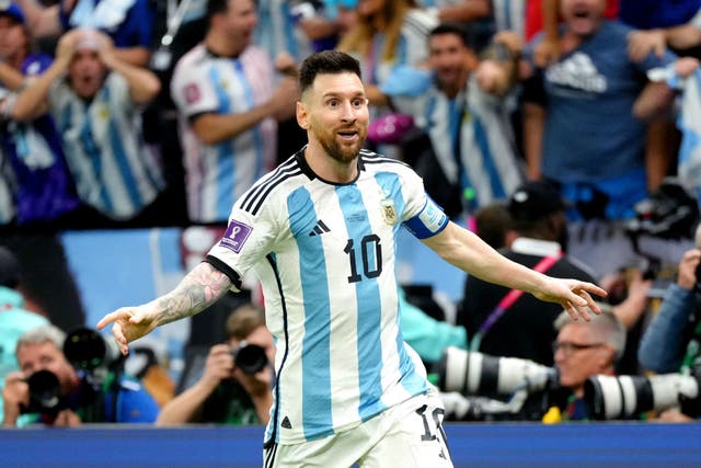 Argentina’s Lionel Messi celebrates scoring against France in the 2022 World Cup final (Nick Potts/PA)