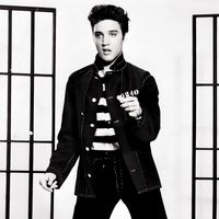 Publicity still of Elvis Presley in Jailhouse Rock in 1957. (cinema, movies, motion pictures, film)