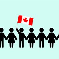 Stick figure illustrations holding hands with the Canadian flag.