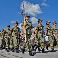 Sailors attending information warfare courses at Information Warfare Training Command (IWTC) Corry Station march to class at Naval Air Station Pensacola Corry Station, Pensacola, Florida. These Sailors are just some of the many thousands training and preparing to defend America around the world as information warfare warfighters. September 30, 2019