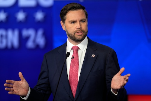 Republican vice presidential nominee Sen. JD Vance, R-Ohio, speaks during a vice presidential debate hosted by CBS News, with Democratic vice presidential candidate Minnesota Gov. Tim Walz, Tuesday, Oct. 1, 2024, in New York. (AP Photo/Matt Rourke)