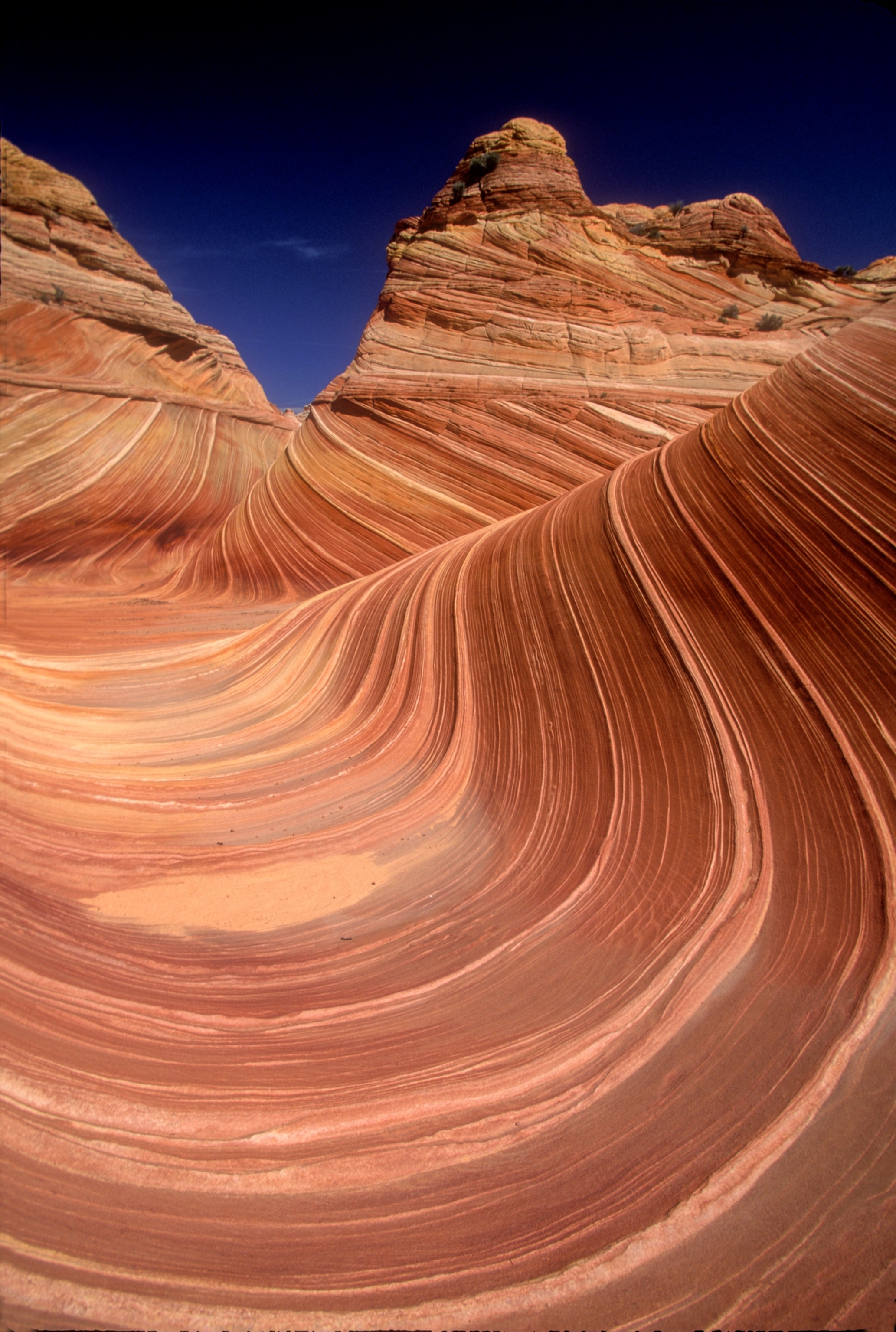 Erosion and sedimentary layers in sandstone form an abstract S-shaped curve