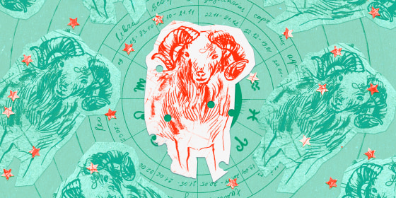 Paper cutouts of the Aries zodiac on a green background