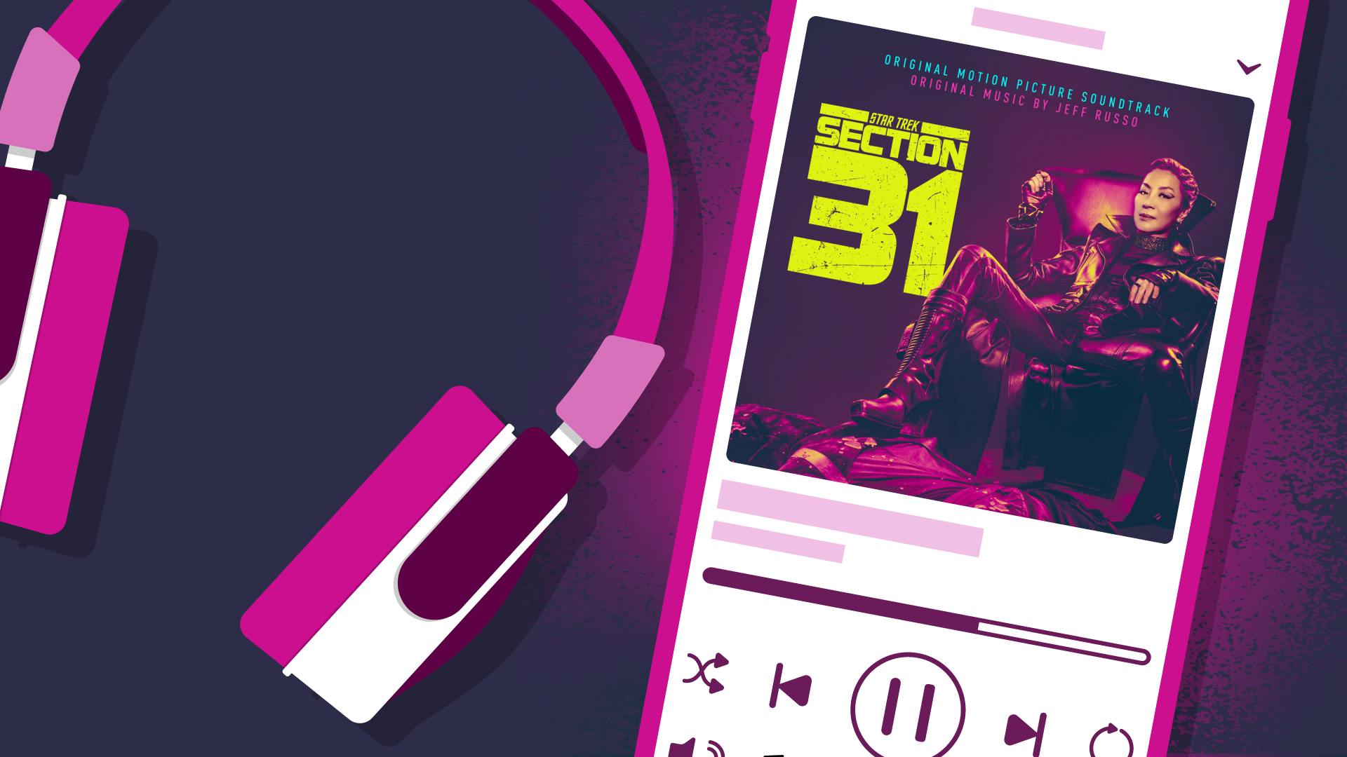 A phone screen with the album art for Star Trek: Section 31 soundtrack and a pair of headphones