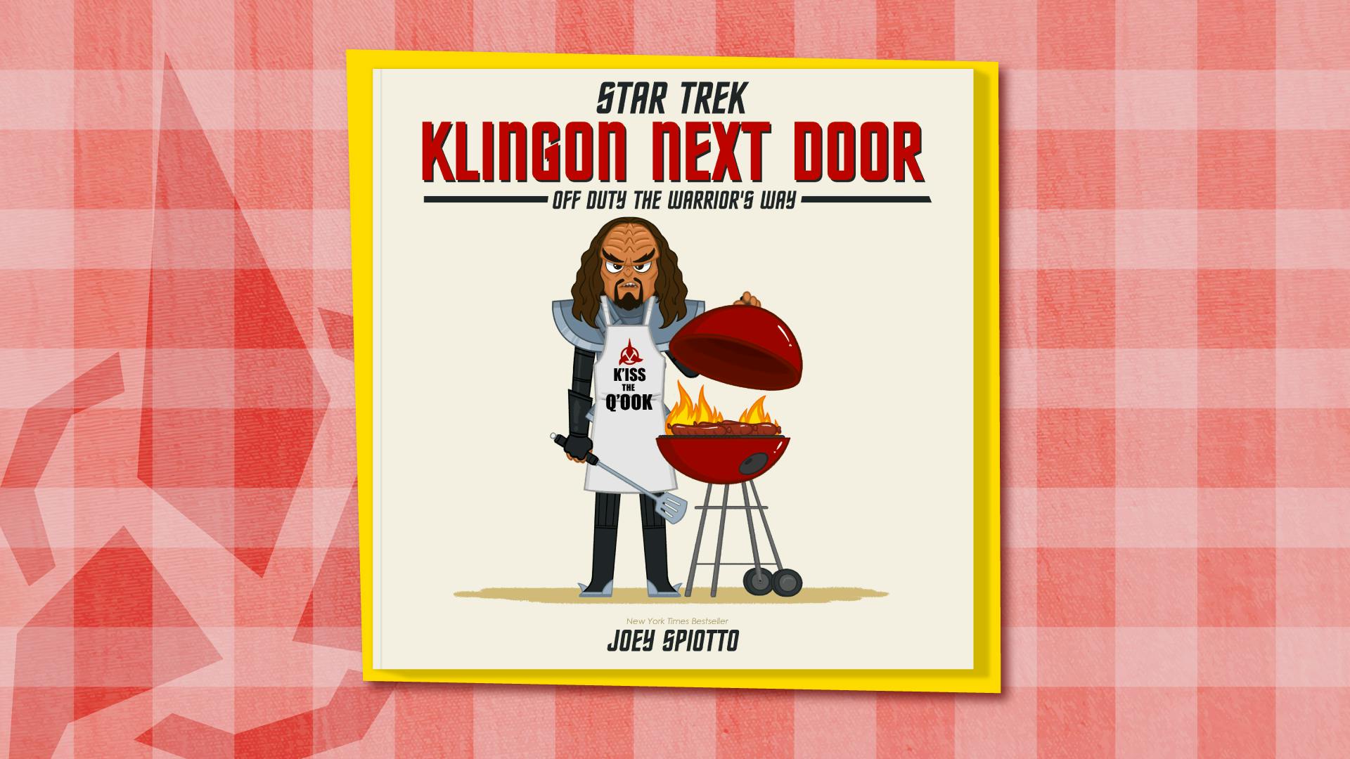 'Klingon Next Door: Off Duty the Warrior's Way' book cover featured on top of a red gingham backdrop with the Klingon insignia 