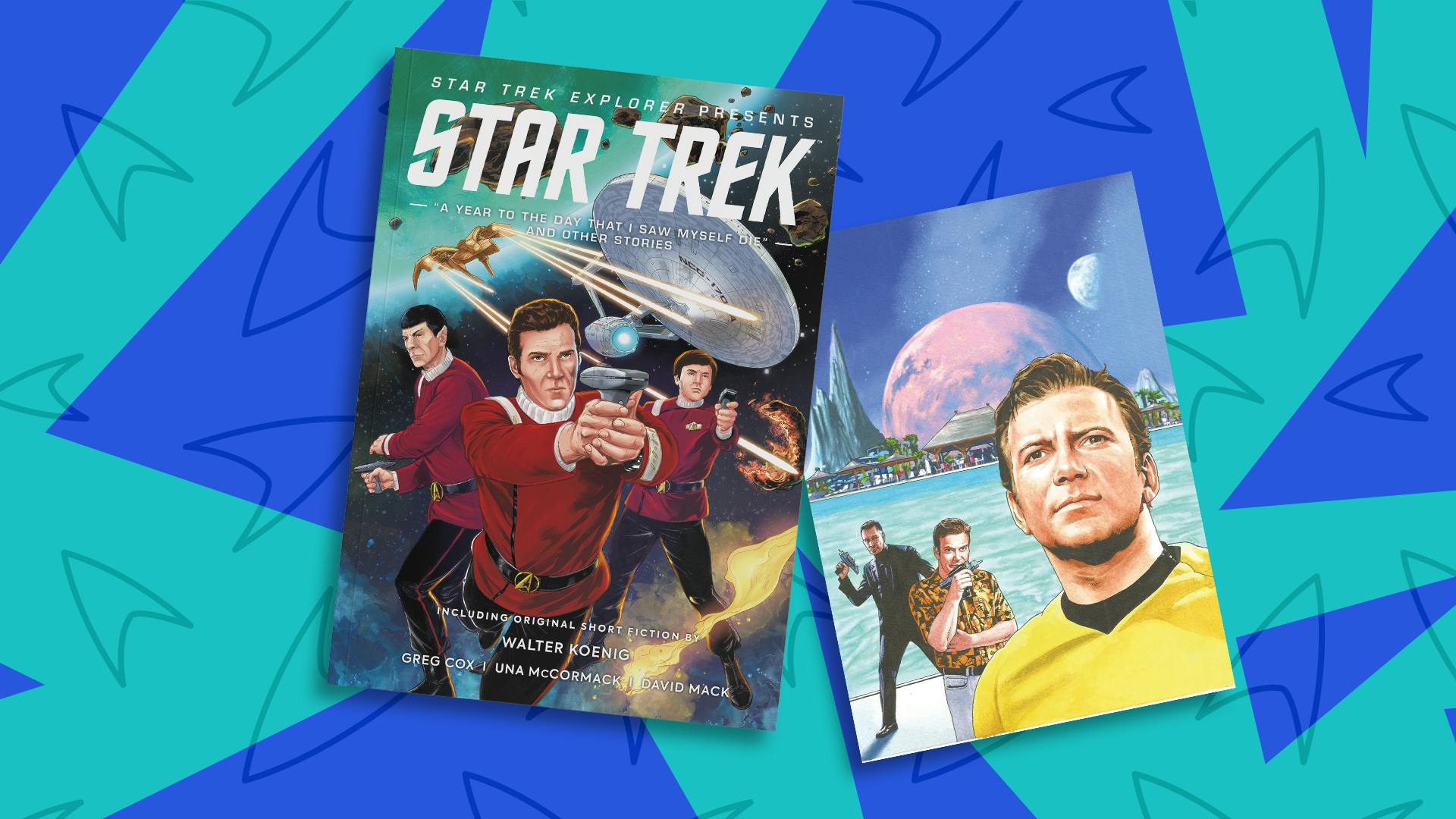 Star Trek Explorer: A Year to the Day That I Saw Myself Die and Other Stories cover along with original art featuring Kirk for 'The Trouble with Jones'