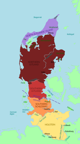 Jutlandia y el extremo septentrional de Alemania donde puede apreciarse Schleswig y Holstein en el actual Estado federado alemán de Schleswig-Holstein.