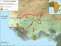 Image 31The Mali Empire in 1337 CE, with major gold fields, of Bambuk, Bure, Lobi (tended by the Gan and later Lobi people), and Akan, and trade routes, outlined. The desert should extend further south to Koumbi. The Mossi Kingdoms are located north of Lobi. (from History of Africa)