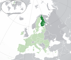 Location of  Finland  (dark green) – on the European continent  (green & dark grey) – in the European Union  (green)  —  [Legend]