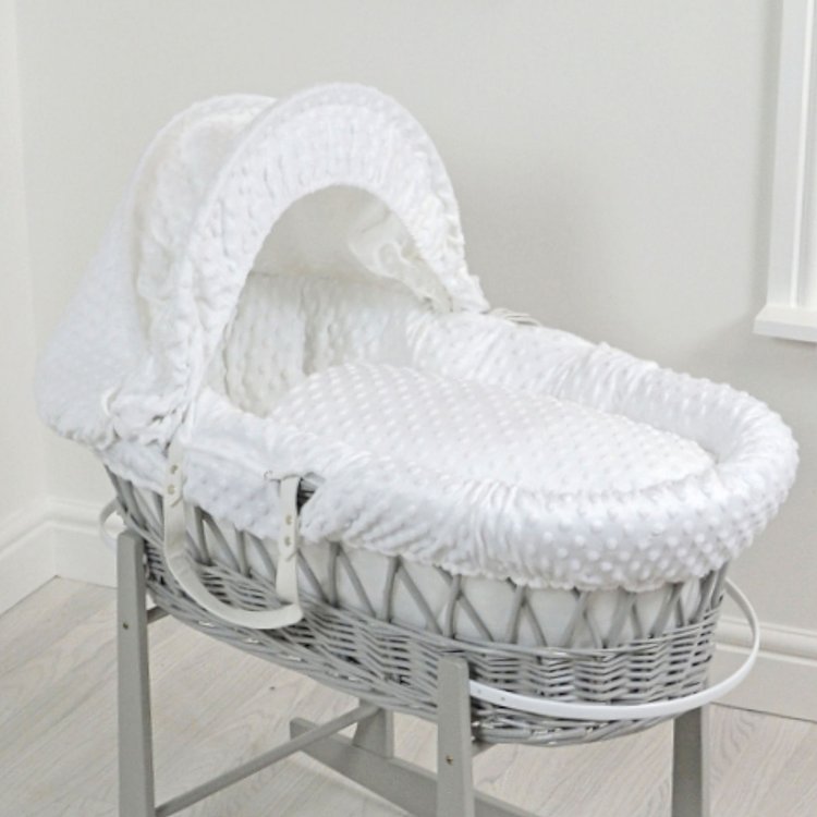 4baby Deluxe Padded Grey Wicker Moses Basket - White Dimple 