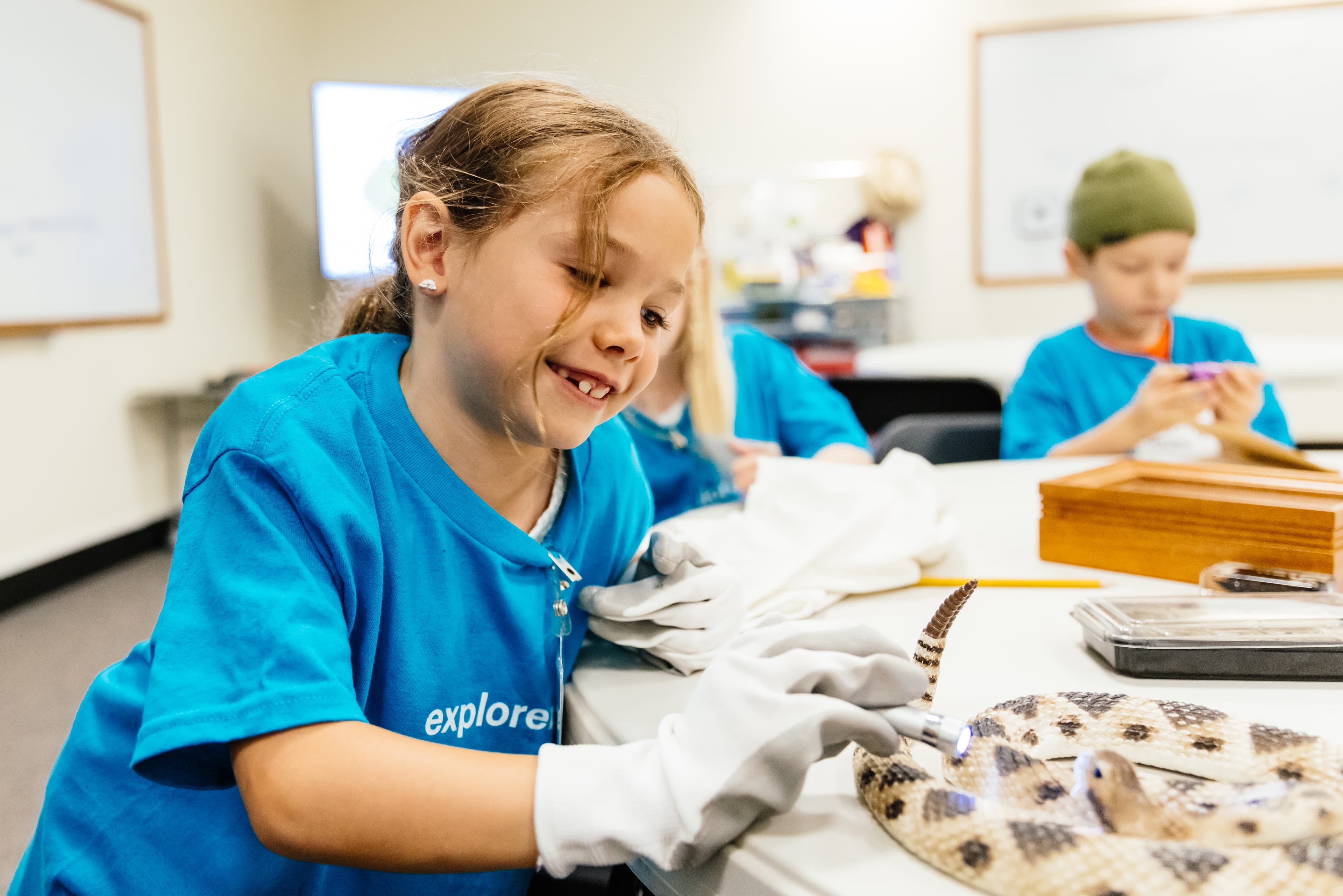 A child examines a snake specimen using a flashlight and wearing rubber gloves.