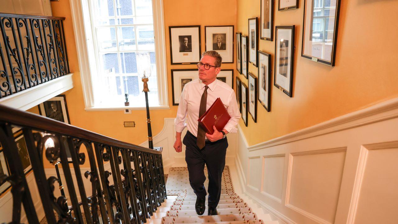 Prime Minister Keir Starmer on the stairs at No 10 Downing Street 