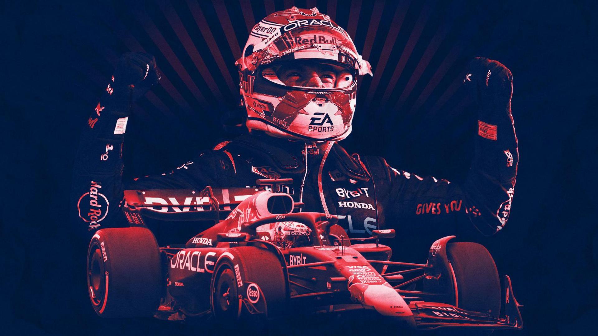 Graphic image showing Max Verstappen celebrating by clenching his fists above a picture of him driving his Red Bull