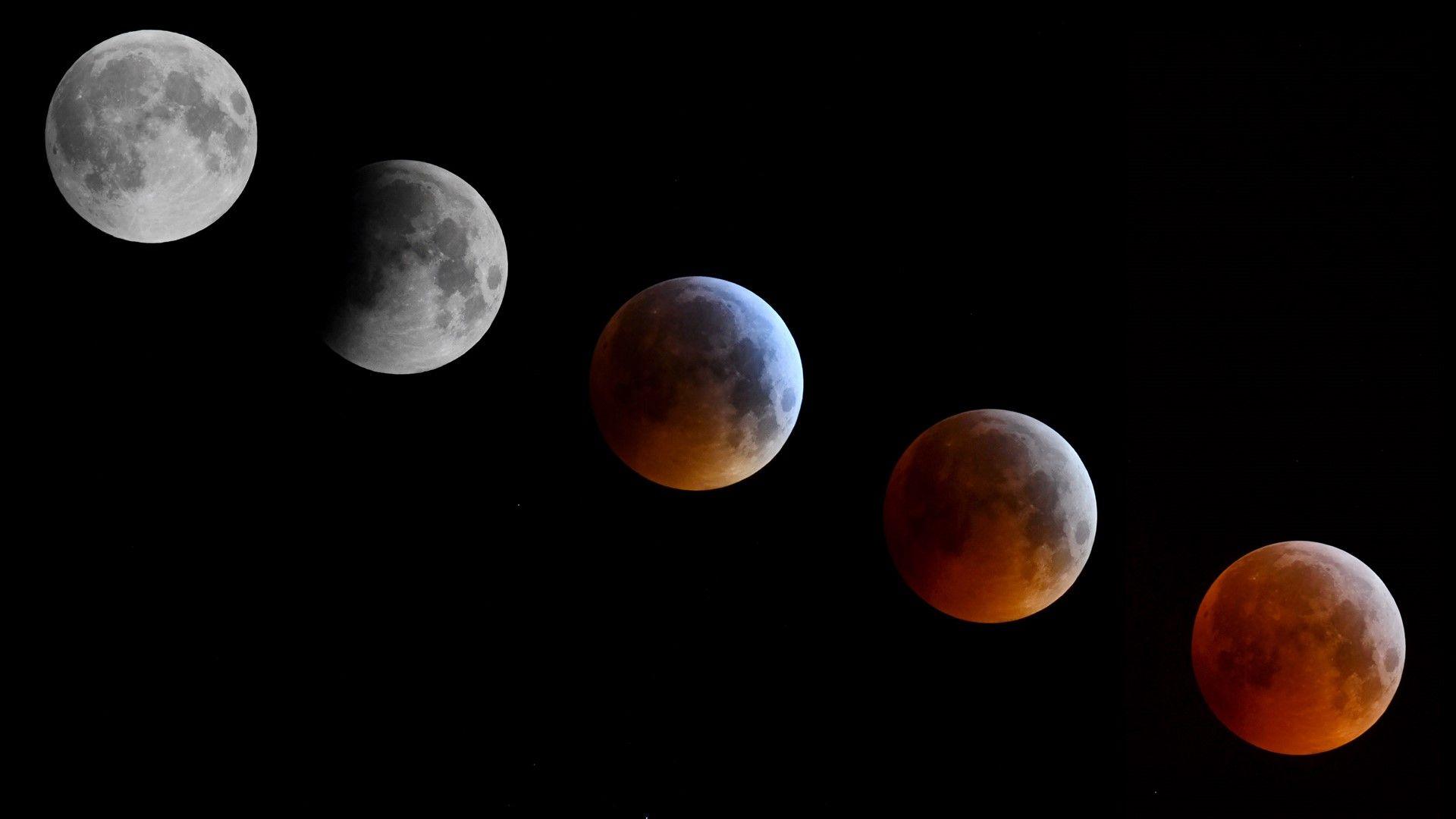 Sequence of five full Moon images as one photo, going from grey on the left to red on the right