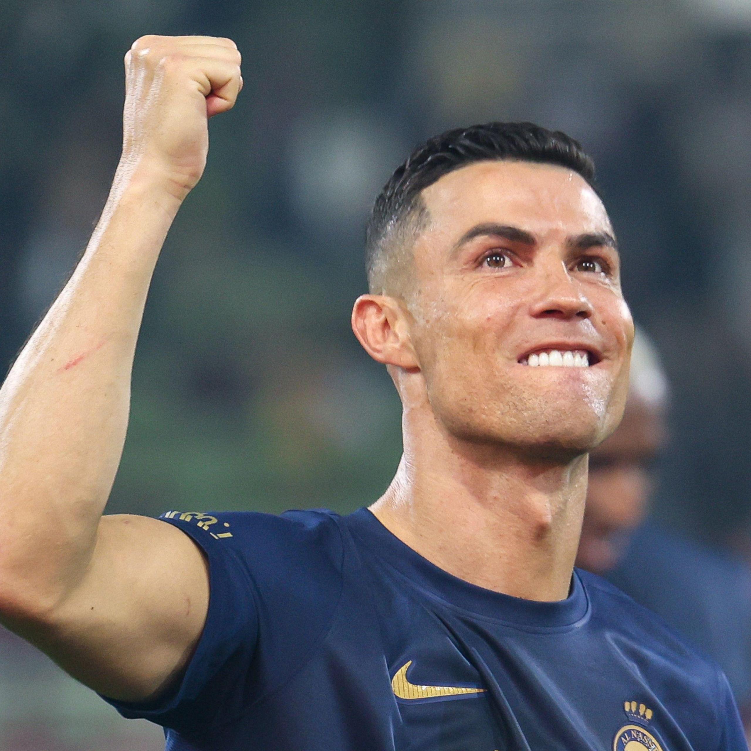 Cristiano Ronaldo celebrates after winning a match with Al Nassr