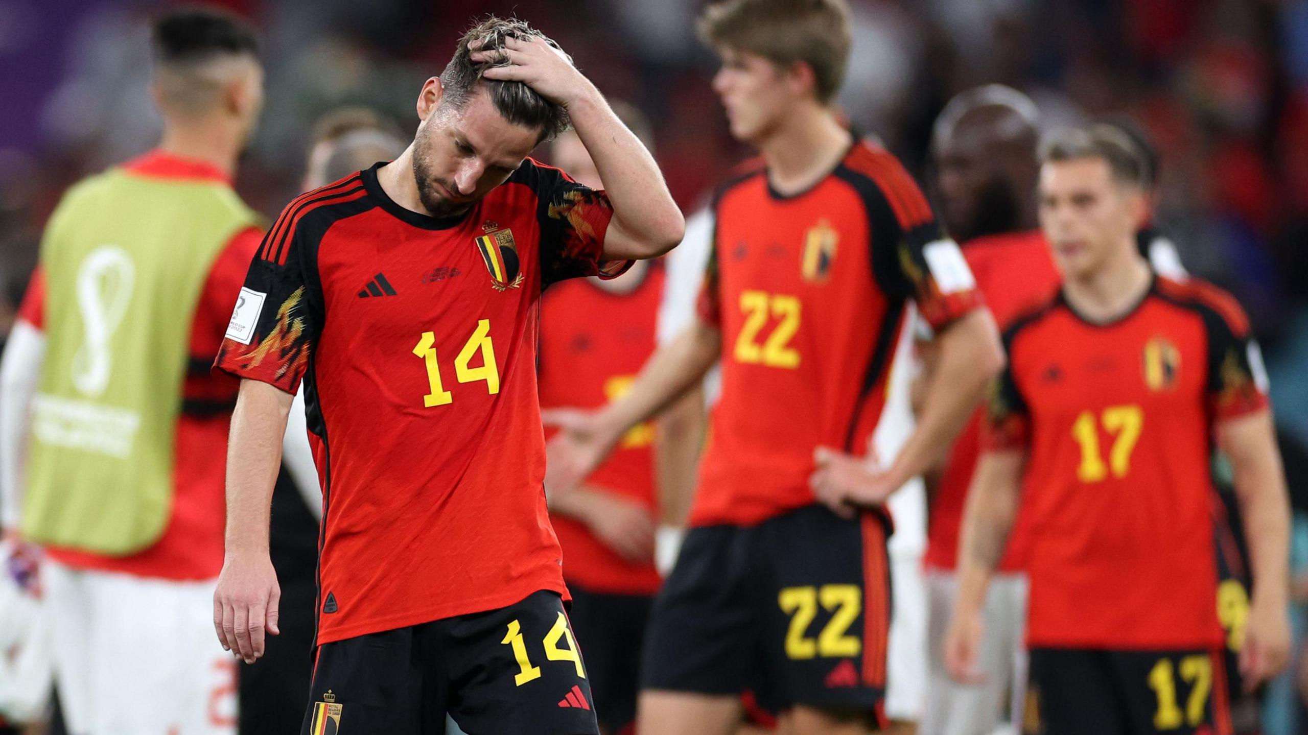 Belgium players look distraught at the Qatar 2022 World Cup