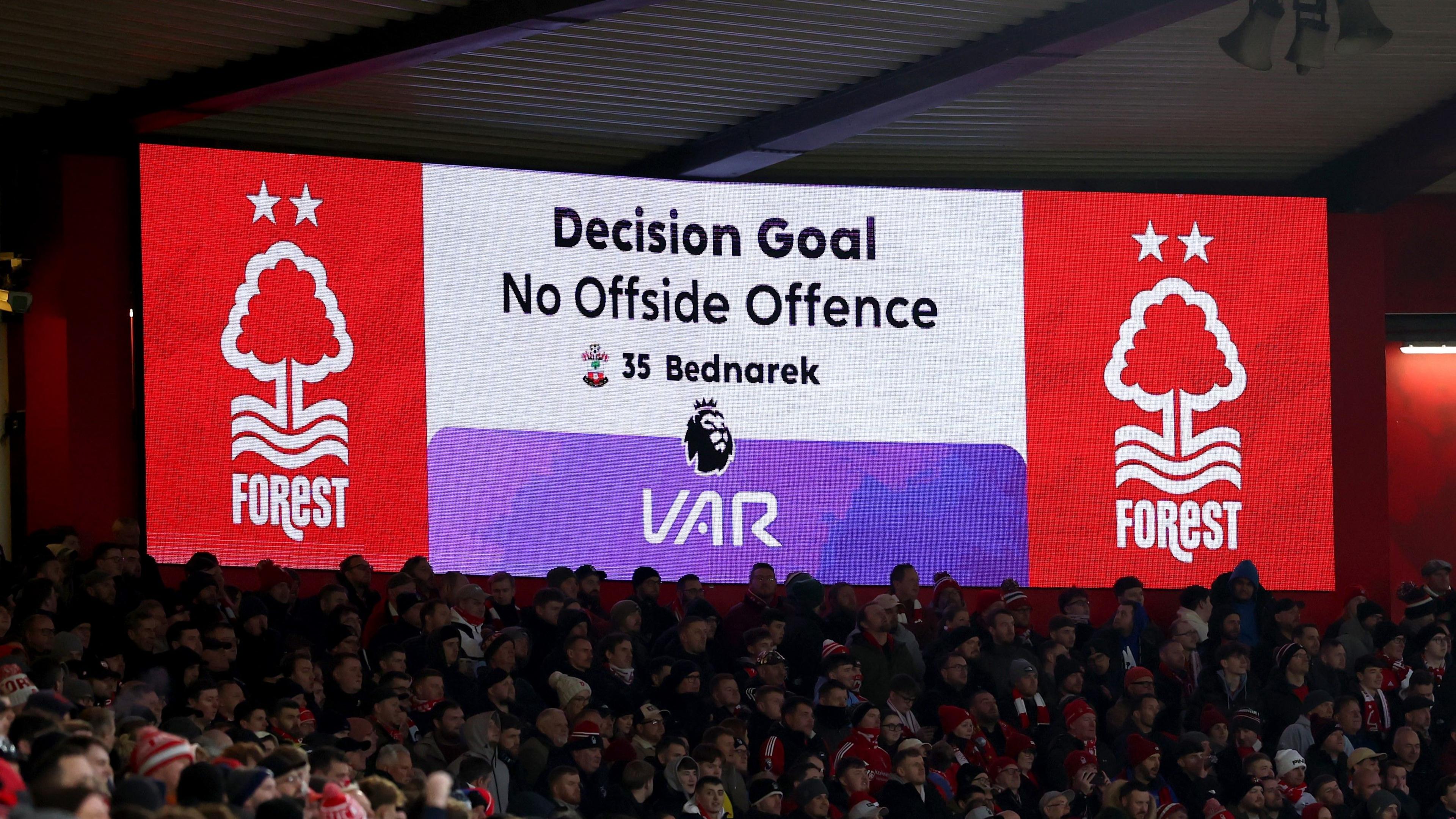 A screen displays a VAR decision during Nottingham Forest's recent victory over Southampton in the Premier League