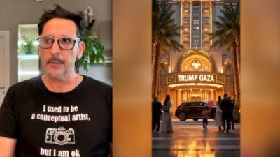 Split screen of a man and an AI generated image of a Trump Gaza hotel 