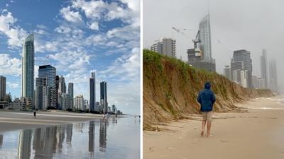 Split screen of Surfers Paradise before and after beach erosion