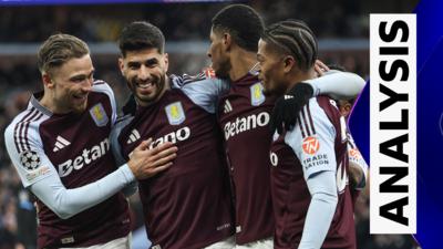 Marco Asensio of Aston Villa celebrates with team mates