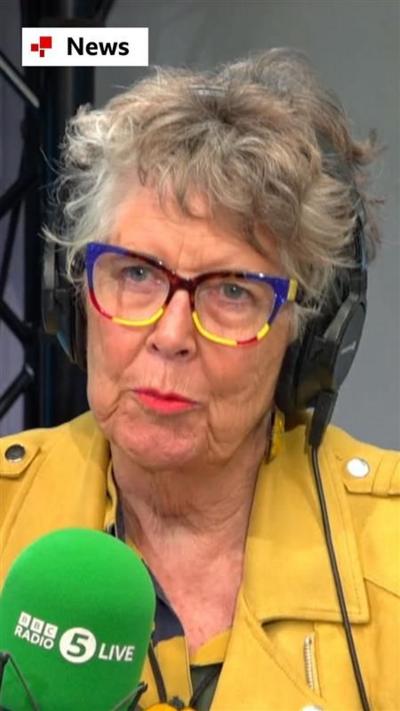 Prue Leith during a radio interview wearing a yellow jacket