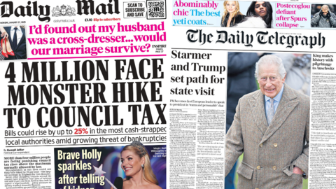 Daily Mail and Daily Telegraph front pages for Monday 27 January