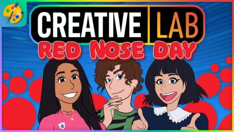 CBBC Creative Lab, Red Nose Day. Cartoons of the Blue Peter presenters surrounded by red noses.