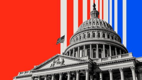 The Capitol Building is portrayed in black and white on a background of red, grey and blue, converging in stripes behind the roof.