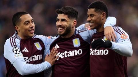 Aston Villa players celebrate during their Champions League win over Club Brugge