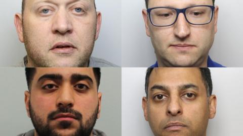 A quartet of police mugshots. To the top left is a man with a sullen expression, stubble and sunken blue eyes. On the top right is a man with blue-rimmed glasses looking down, rather than at the camera. At the bottom left is a man with brown eyes, dark hair a moustache and a beard. At the bottom right is a man with slightly greying dark hair and brown eyes.