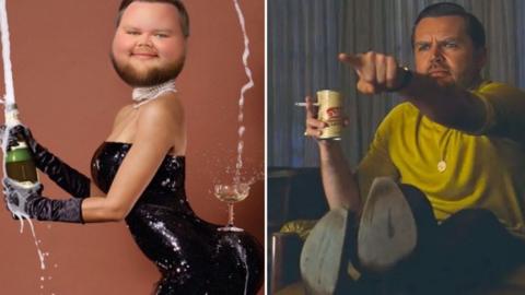 Two memes of JD Vance, one of him as Kim Kardashian and another as Leonardo DiCaprio