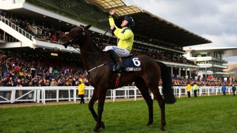 Jockey Sean Flanagan looked to the sky after a poignant victory on Marine Nationale