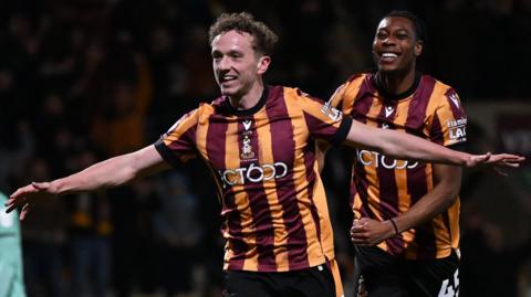 Bradford celebrate scoring against Cheltenham