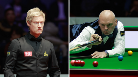 A split picture of Neil Robertson standing and Stuart Bingham leaning over a snooker table