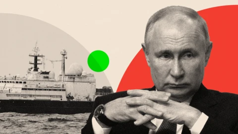 A treated image of a large military ship, next to an image on Vladimir Putin with his hands folded