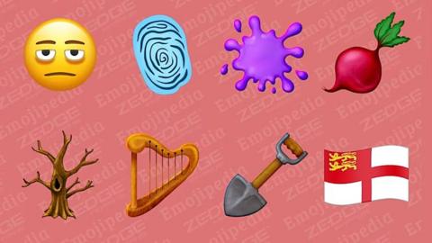 The eight new emojis coming out in the Unicode 16.0 release, including the flag of Sark, which is a red St George's cross on a white background, with the upper right quarter fully in red with two golden lions on it.  