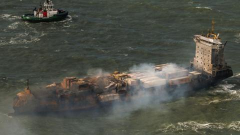 Smoke billows from the MV Solong cargo ship in the North Sea, off the Yorkshire coast, Britain, 11 March 2025