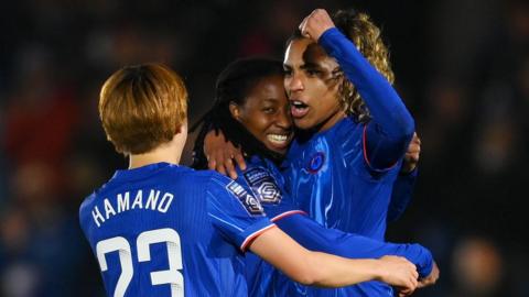 Chelsea's Catarina Macario celebrates putting them ahead against Leicester in the Women's Super League