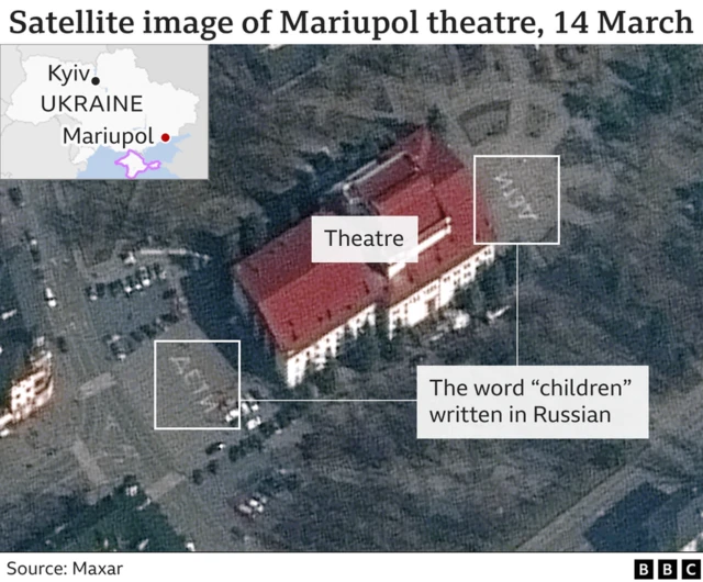 A satellite picture of the Mariupol theatre