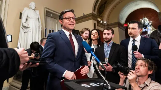 US Speaker of the House Mike Johnson speaks to reporters after the House approved foreign aid packages to Ukraine, Israel, and Taiwan, as well as a bill requiring TikTok's parent company to sell it or be banned in the US, in the US Capitol in Washington, DC, USA, 20 April 2024.