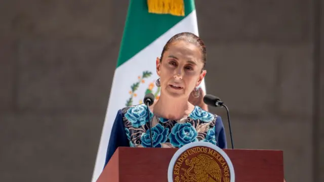 Sheinbaum speaking into two press microphones at a lectern with a Mexican flag behind her