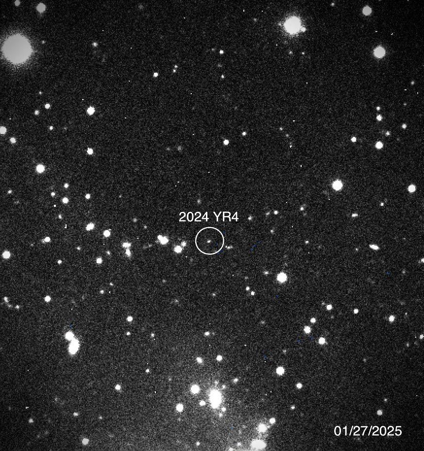 An image of the night sky showing the detection of 2024 YR4 using the Magdalena Ridge Observatory 2.4m Telescope, New Mexico Tech