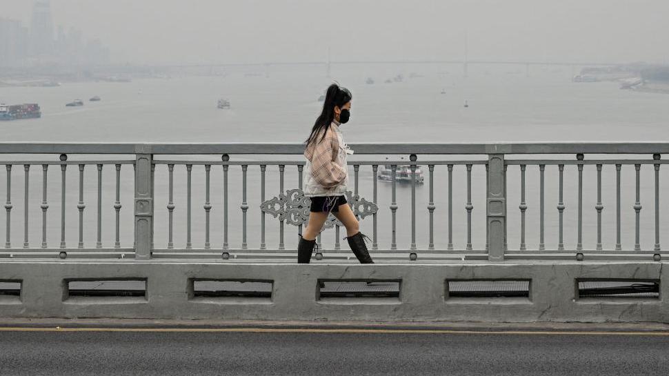 A woman walks on the Wuhan bridge over the Yangtze river in Wuhan, in China's central Hubei province on December 22, 2024