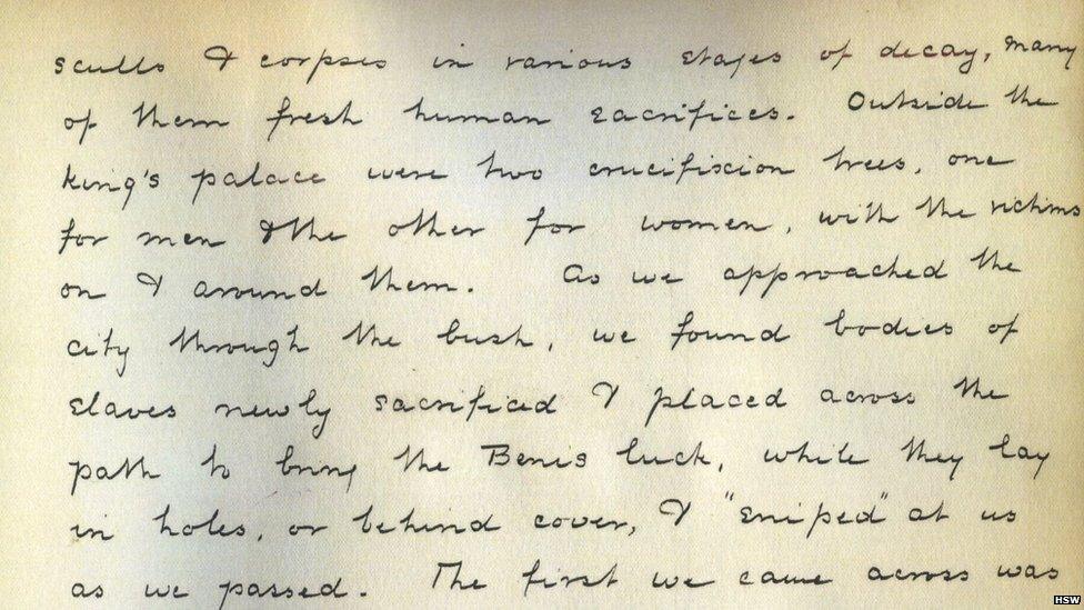 Diary 18 February describes "two crucifixion trees, one for men and the other for women with victims around them... we found bodies of slaves, newly sacrificed and placed across the path"