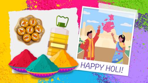 Illustrations of coloured powder, oil, barfi and people celebrating Holi in the streets.