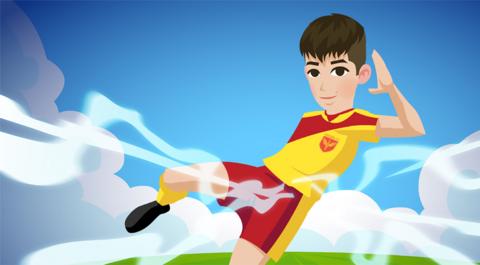 a game graphic of Jamie Johnson wearing a yellow and red football kit looking like he is going to kick a ball.