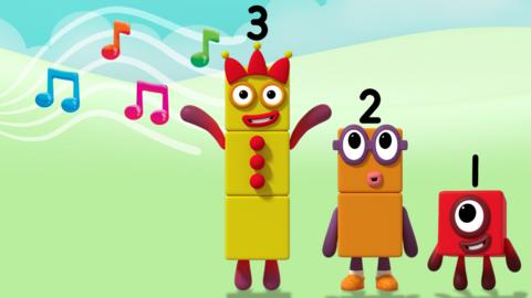 Numberblocks 1, 2 and 3 with music notes around them.