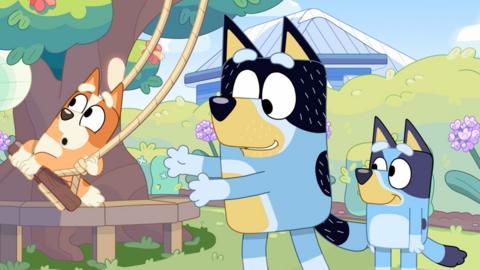 Bandit is pushing Bingo on a swing whilst Bluey watches