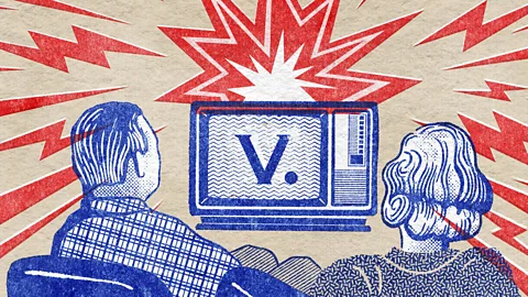 A pop art illustration of a man and a woman turned toward a television with the letter "v" on the screen, with television signals emanating from the TV (Credit: Emmanuel Lafont)