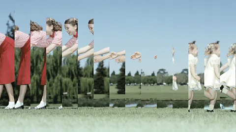 A fractured image of a man and woman playing with a large beachball (Credit: Edouard Taufenbach and Bastien Pourtout)